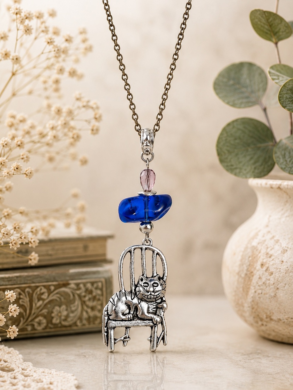 Cat Necklace Blue Glass Bead Whimsical Silver Cat Pendant Artisan Gift